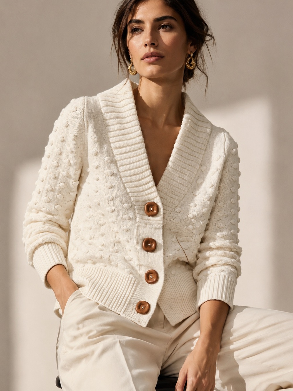 Charlie & Robin Wool Blend Textured Dot Knit Cardigan Ivory Wood Buttons M